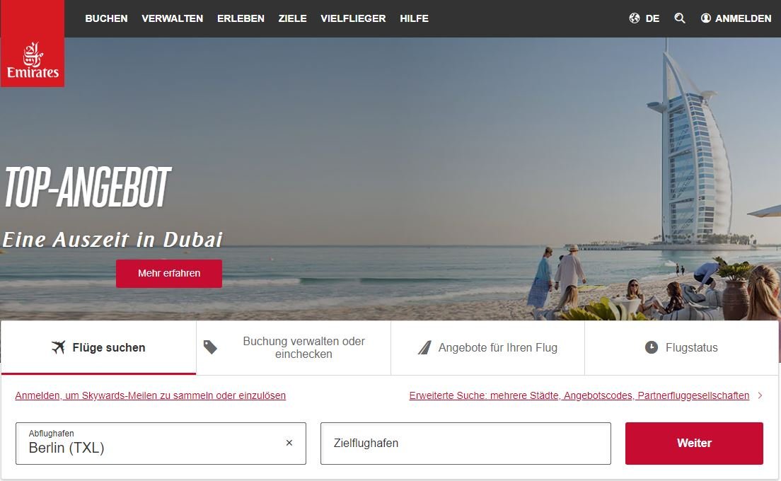 Aktuelle Emirates-Angebote auf der Startseite der Homepage