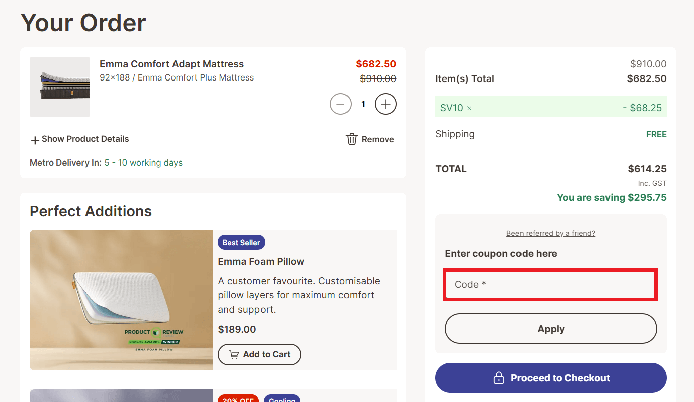 Emma discount code redemption box in the shopping cart