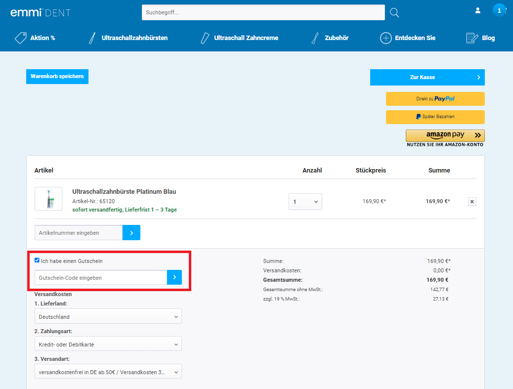 Screenshot vom Eingabefeld für einen emmi-dent-Gutscheincode