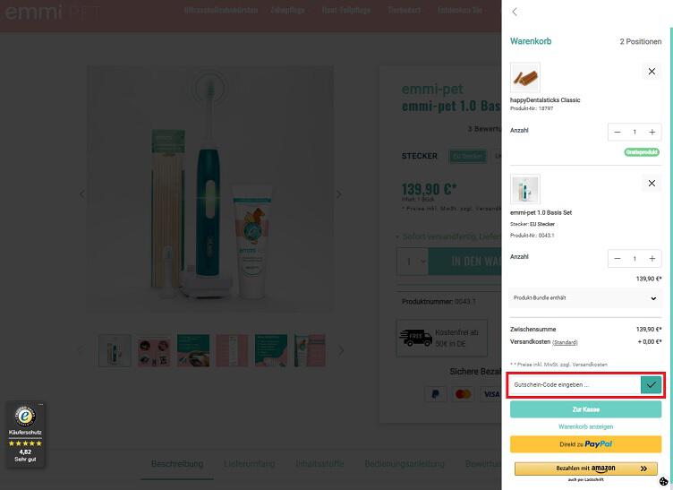 img: emmi-pet-gutschein-einloesen / alt: Screenshot aus dem Warenkorb mit Hinweis darauf, wie du den emmi-pet Gutschein einlösen kannst.