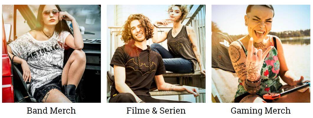 Auszug aus dem EMP Angebot mit Bannern für Band Merch, Filme und Serien sowie Gaming Merch