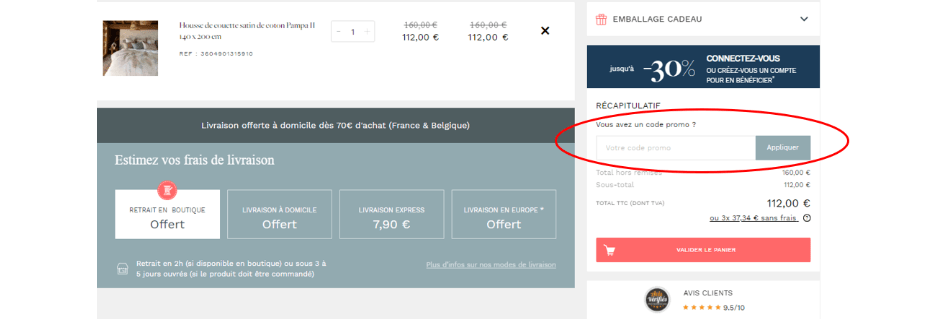 Emplacement pour code promo Carré Blanc dans le panier
