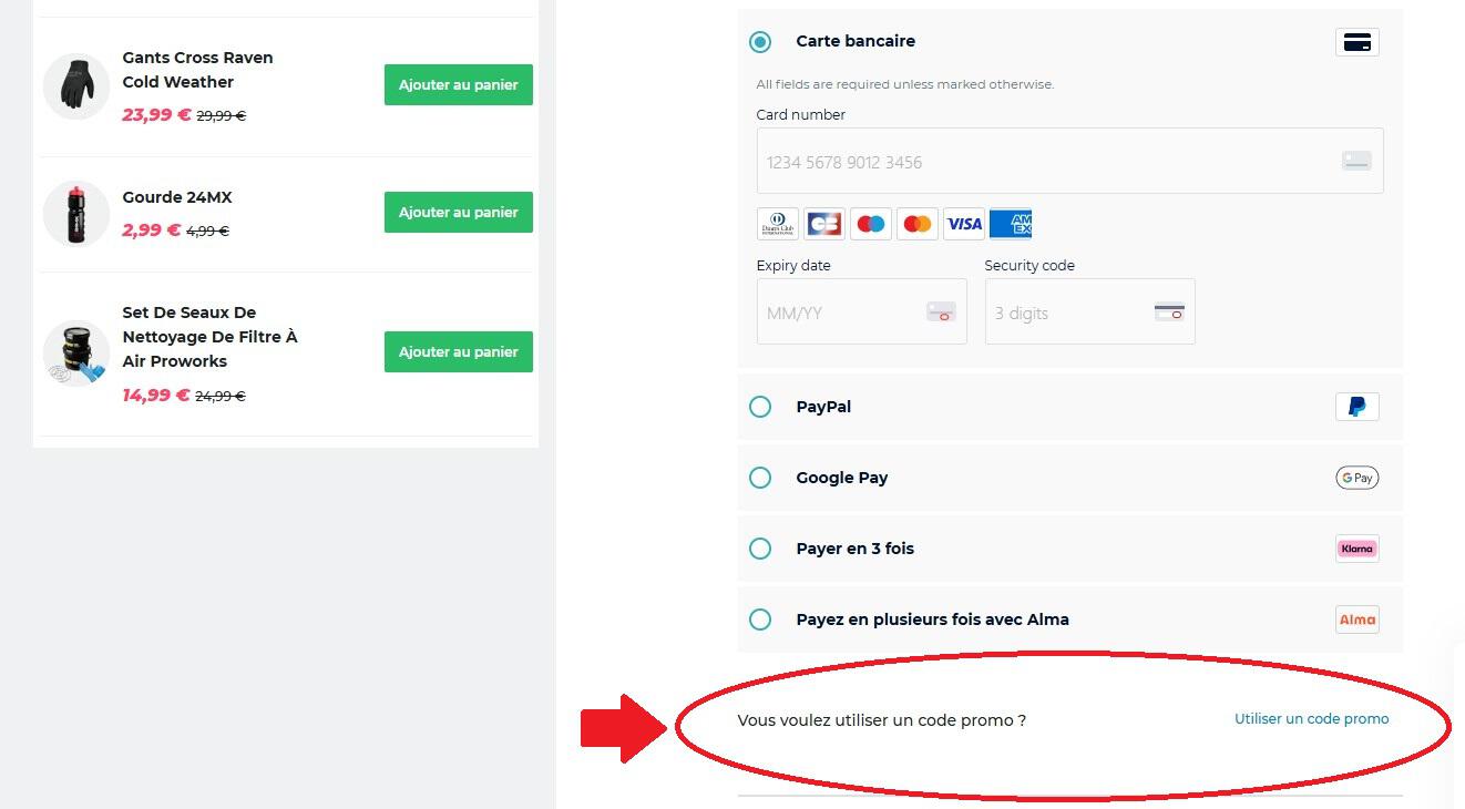 Panier d'achat avec emplacement pour code promo 24MX