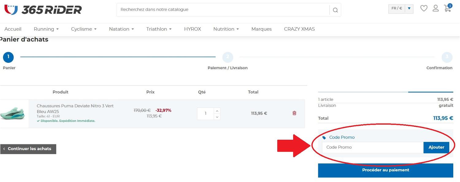 panier d'achat avec emplacement pour code promo 365Rider