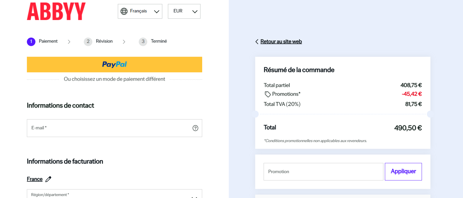panier d&apos;achat avec emplacement pour code promo ABBYY
