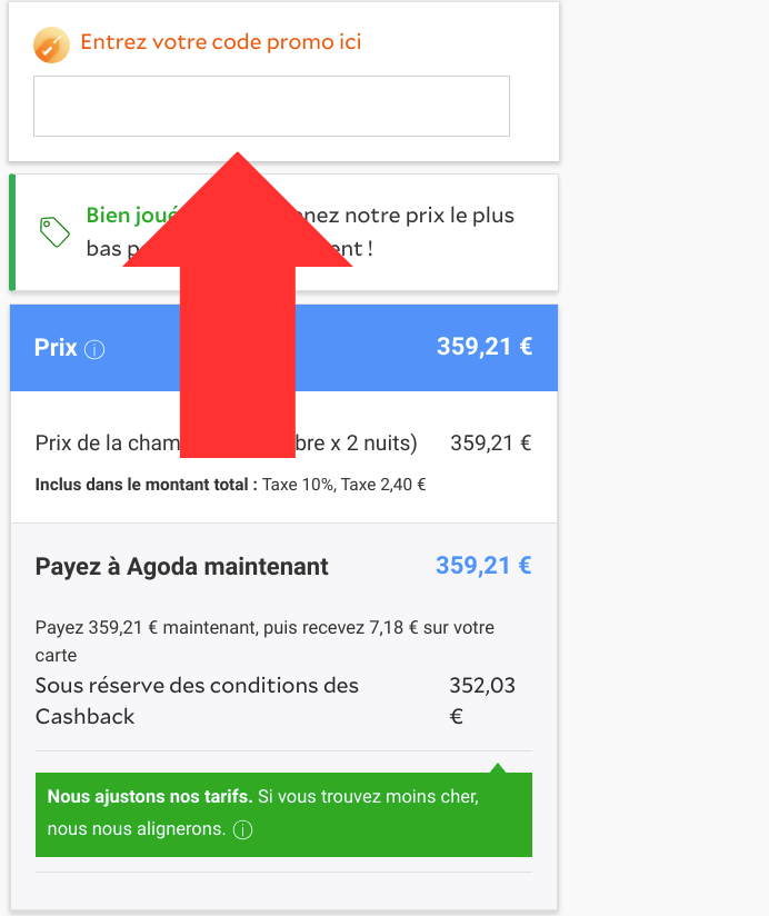 Emplacement pour code promo Agoda