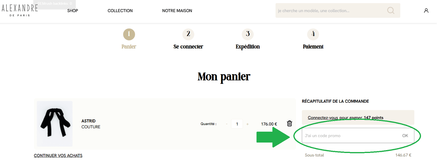 panier d&apos;achat avec emplacement pour code promo Alexandre de Paris