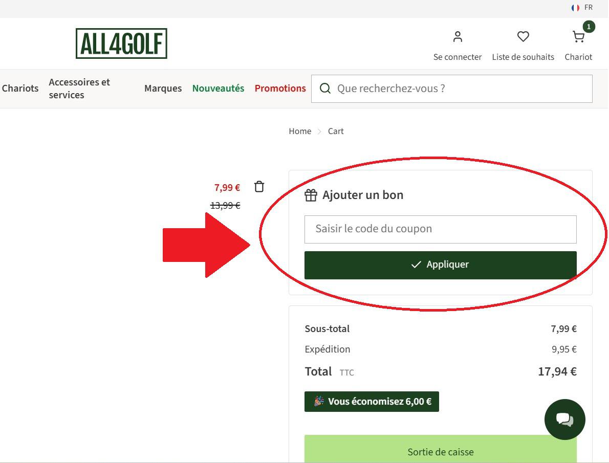 panier d'achat avec emplacement pour code promo All4Golf