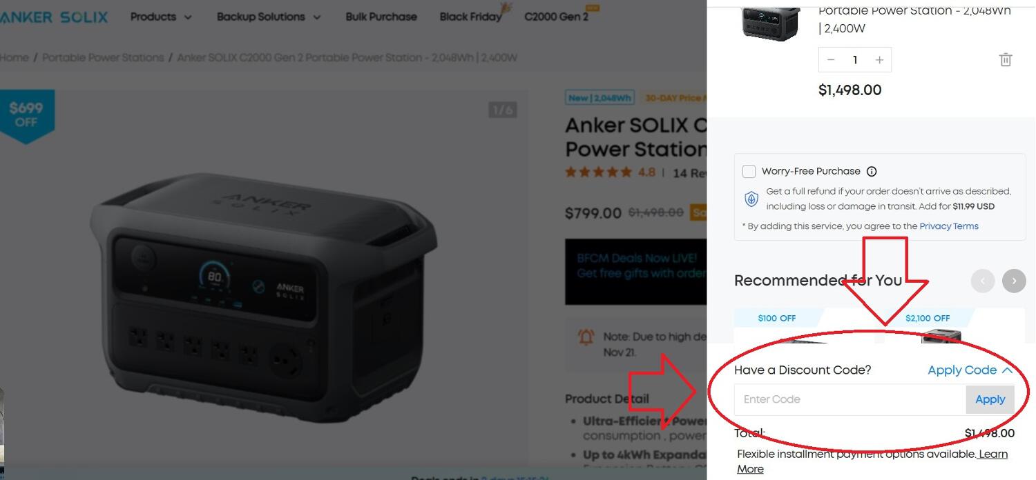 panier d'achat avec emplacement pour code promo AnkerSOLIX