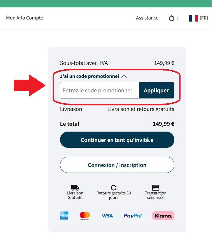 panier d'achat avec emplacement pour code promo Arlo
