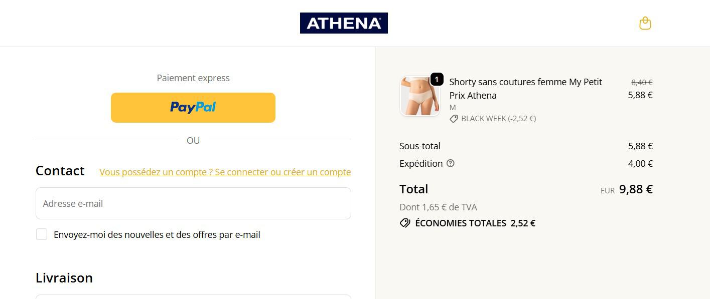 panier d&apos;achat sans emplacement pour code promo Athena