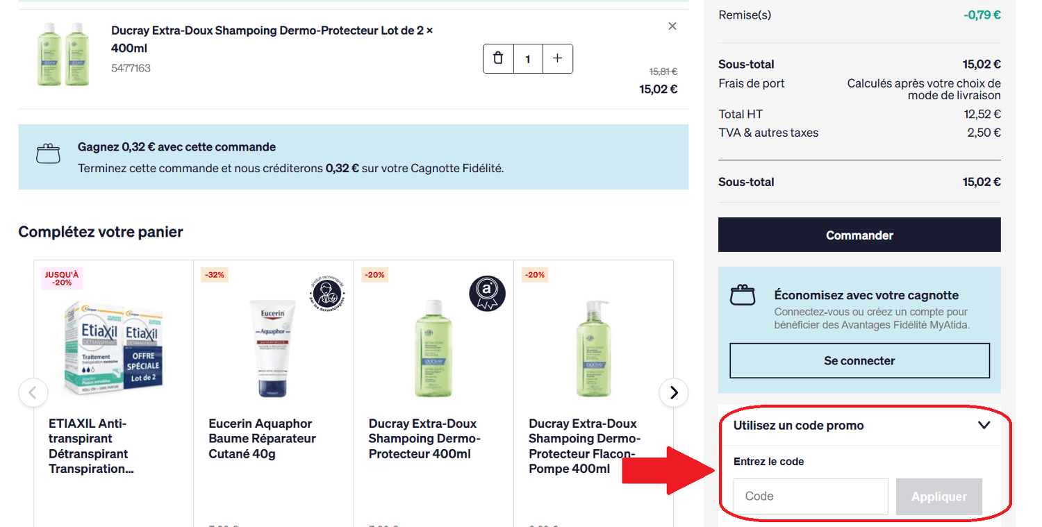 panier de commande avec code promo Atida