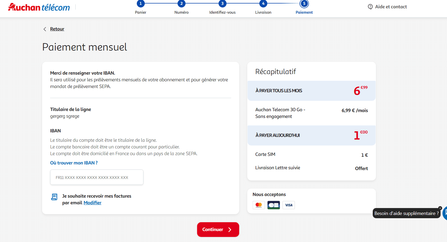 panier d&apos;achat sans emplacement pour code promo Auchan Telecom