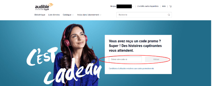 emplacement pour code promo Audible