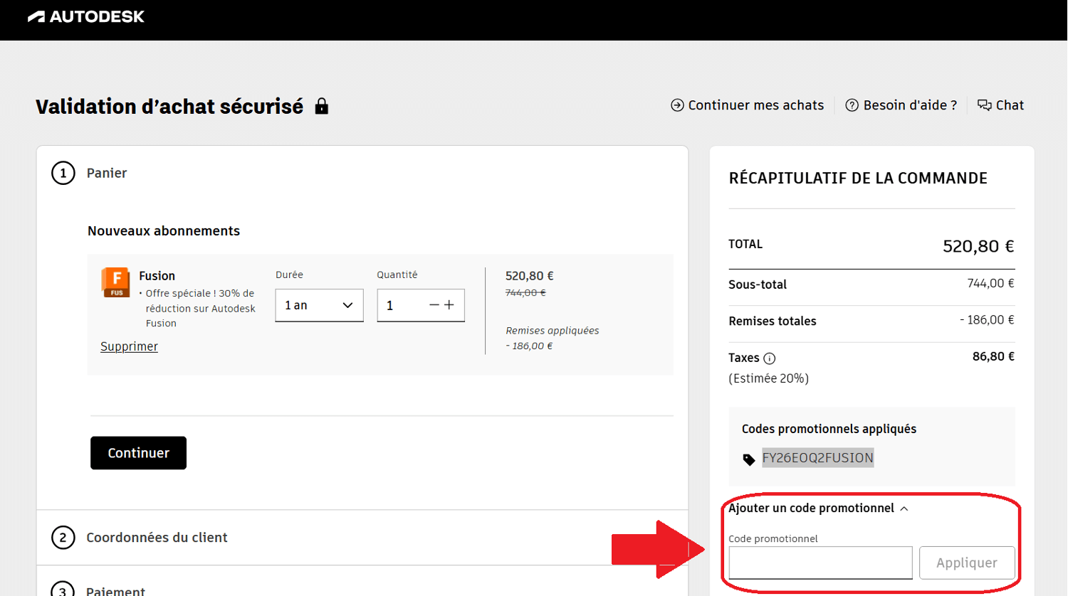 panier d&apos;achat avec emplacement pour code promo Autodesk
