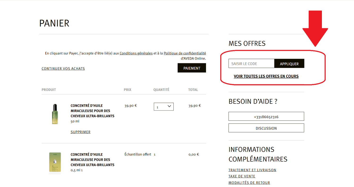 panier d&apos;achat avec emplacement pour code promo Aveda