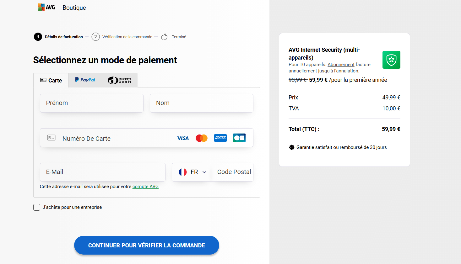 panier sans emplacement pour code promo AVG Technologies