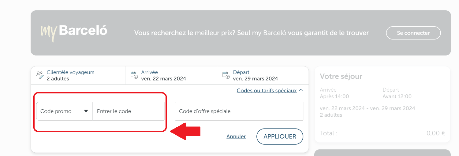 emplacement pour code promo Barcelo Hotels