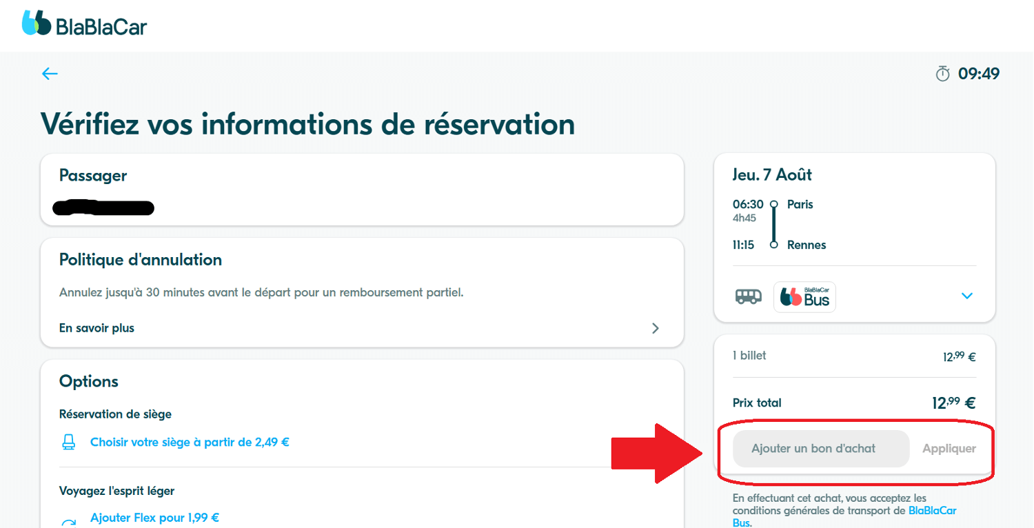 panier d&apos;achat avec emplacement pour code promo BlaBlaCar