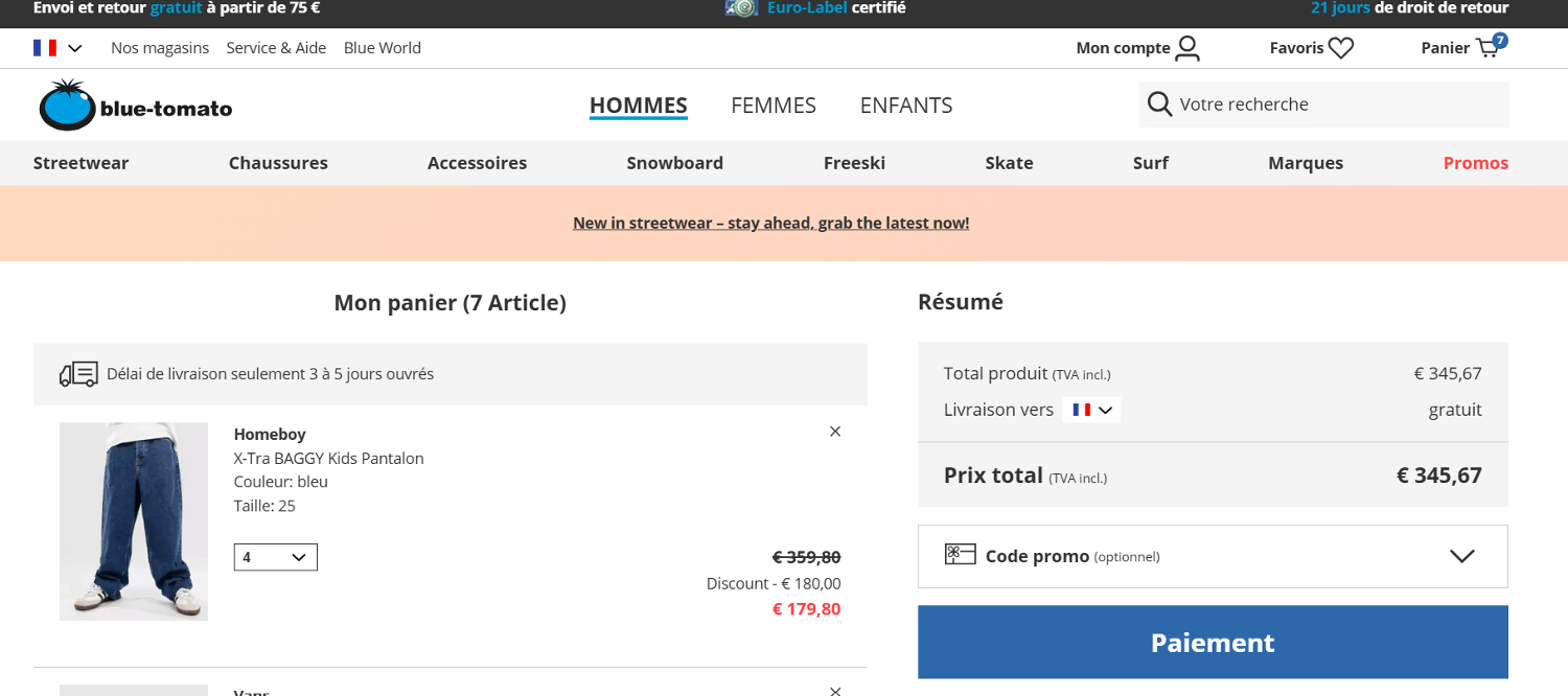 panier d&apos;achat avec emplacement pour code promo Blue Tomato