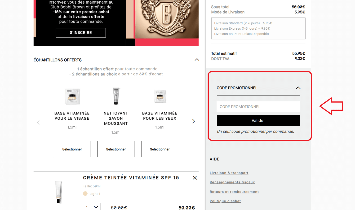 emplacement pour code promo Bobbi Brown