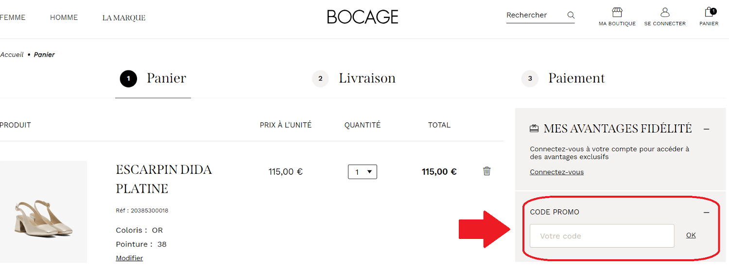 panier avec emplacement pour code promo Bocage