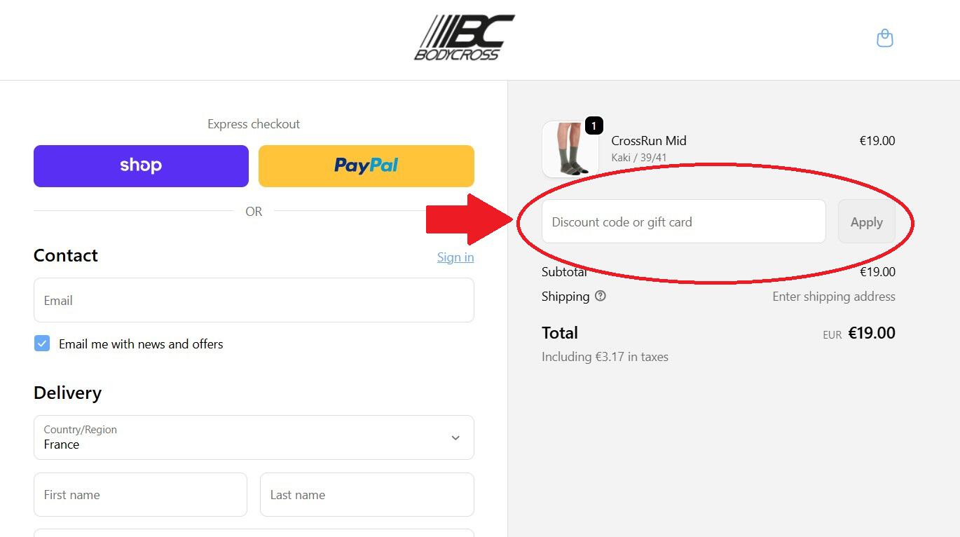 panier d&apos;achat avec emplacement pour code promo BodyCross