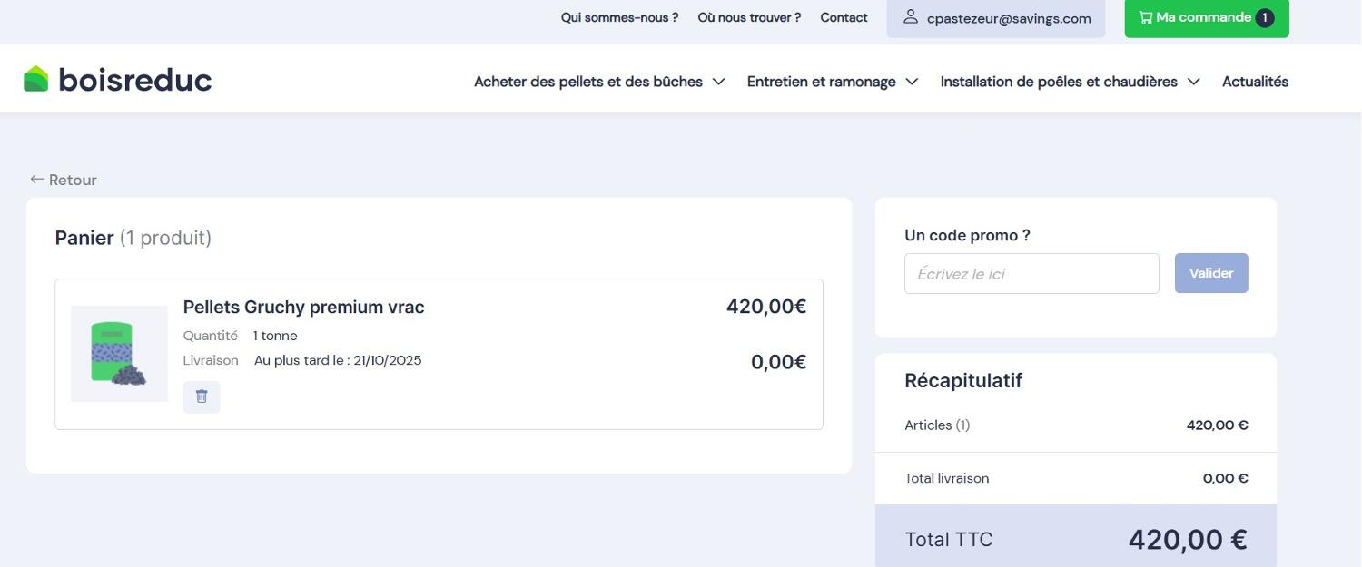 panier d'achat avec emplacement pour code promo Boisreduc