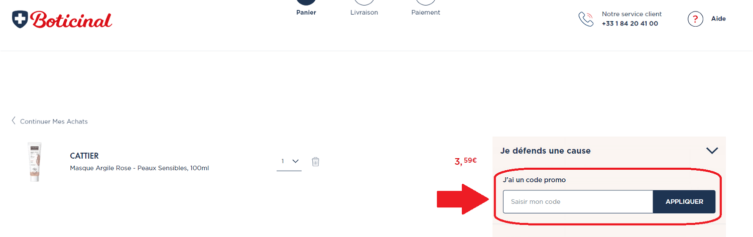 panier avec emplacement pour code promo Boticinal