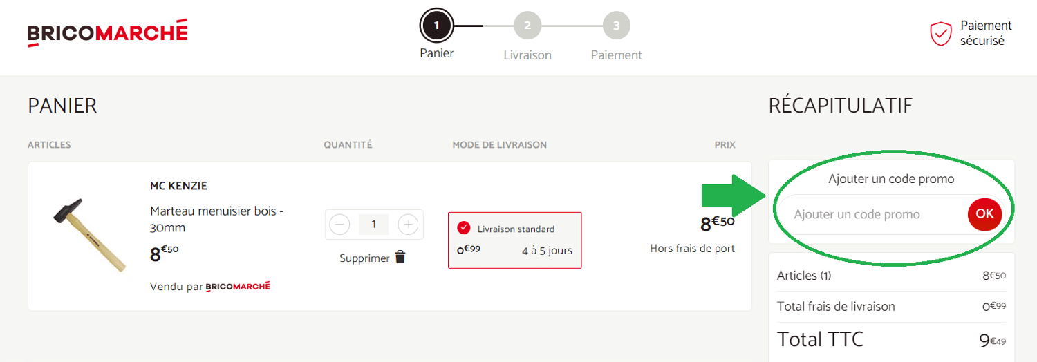 panier d&apos;achat avec emplacement pour code promo Bricomarché