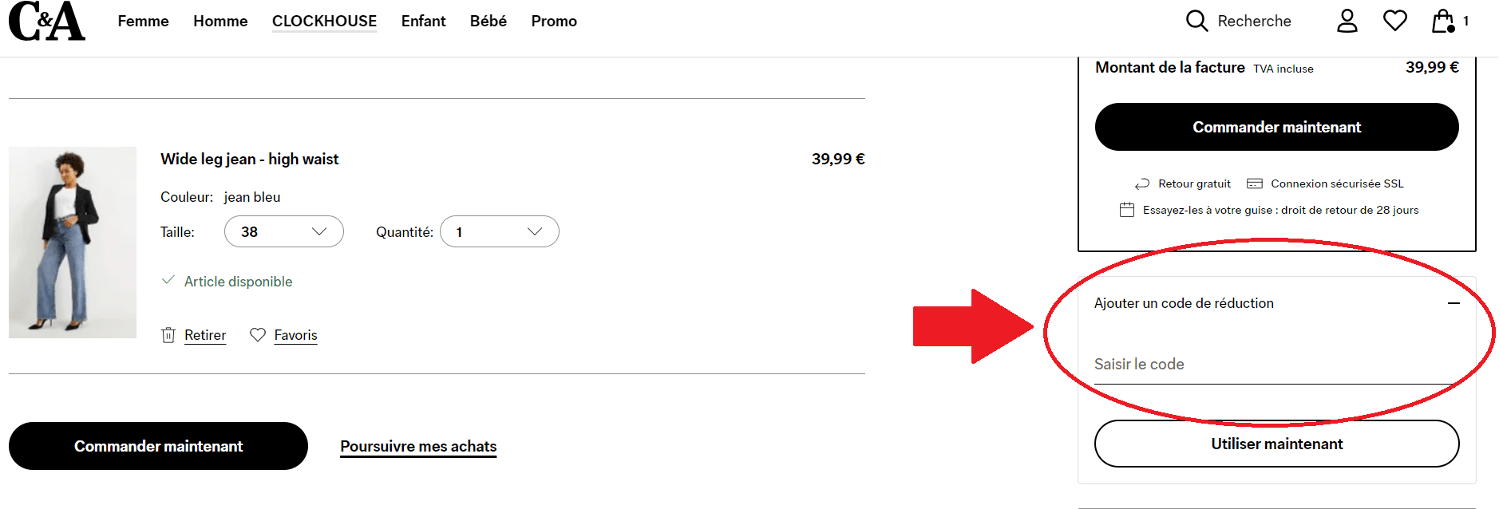 panier avec emplacement pour code promo C&A