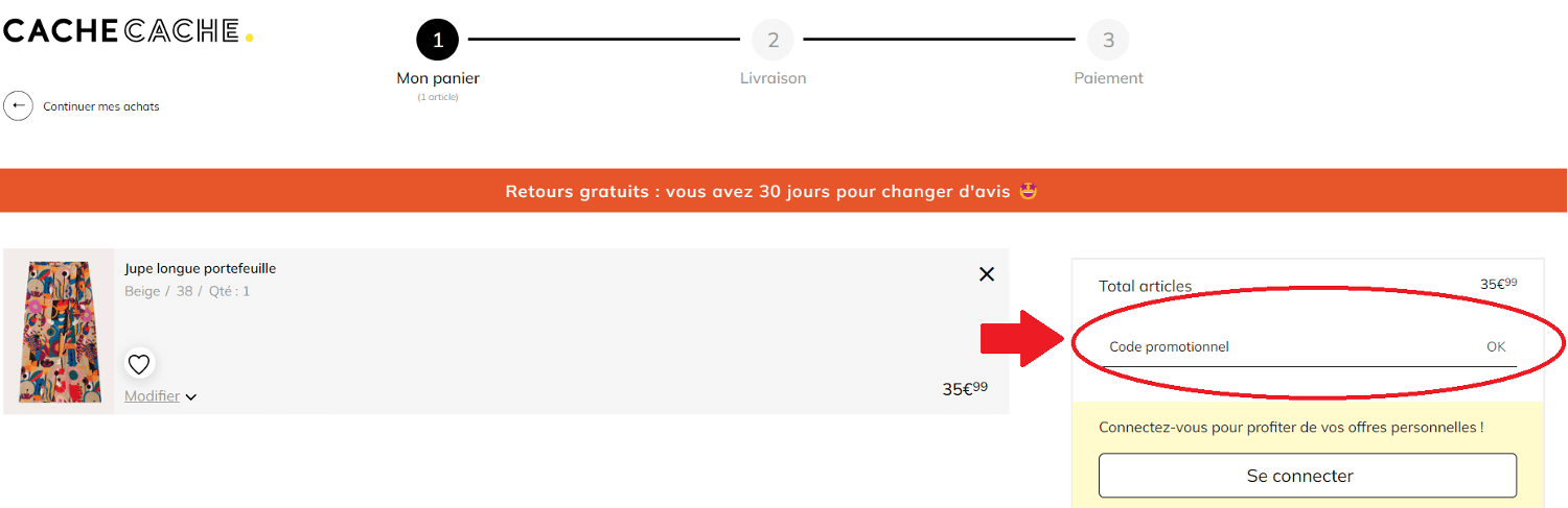 Panier avec emplacement pour code promo Cache Cache