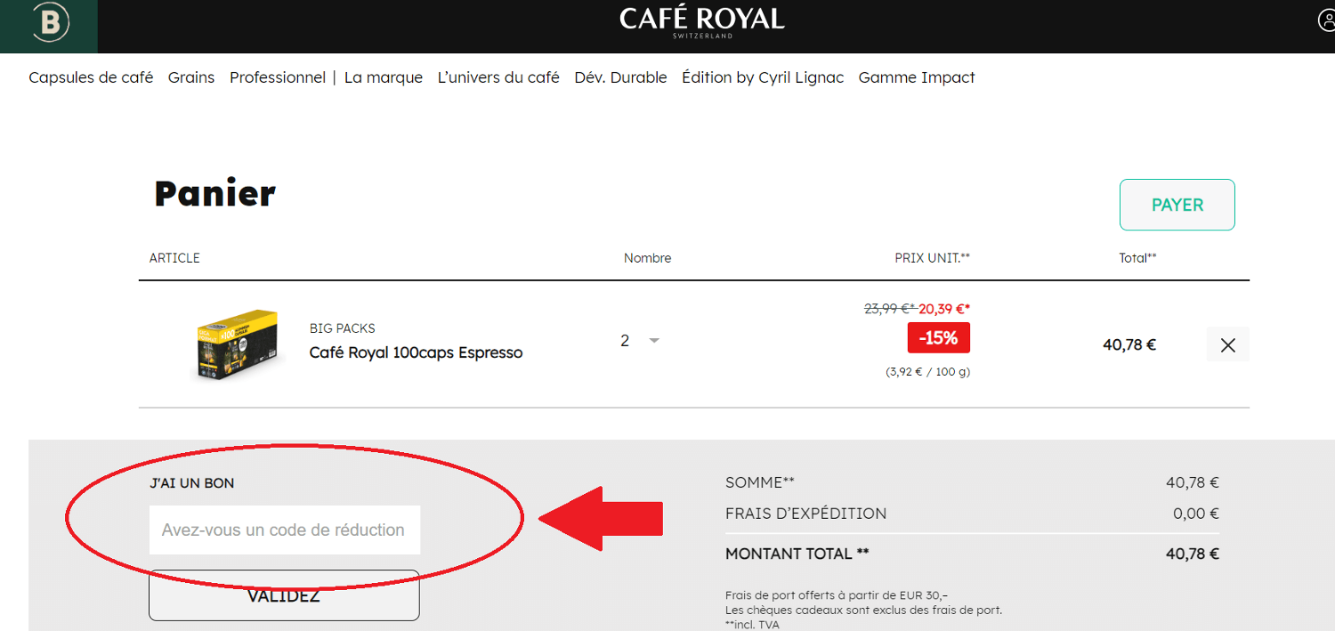 panier d&apos;achat avec emplacement pour code promo Café Royal