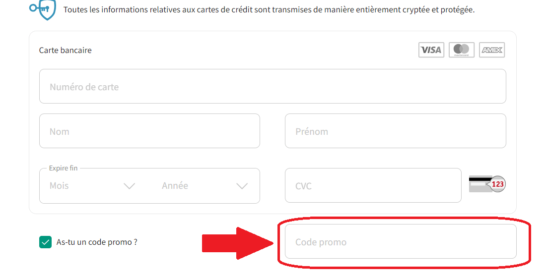 emplacement pour code promo Carigami