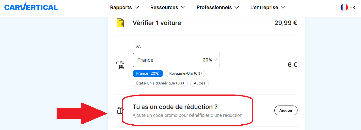emplacement pour code promo CarVertical