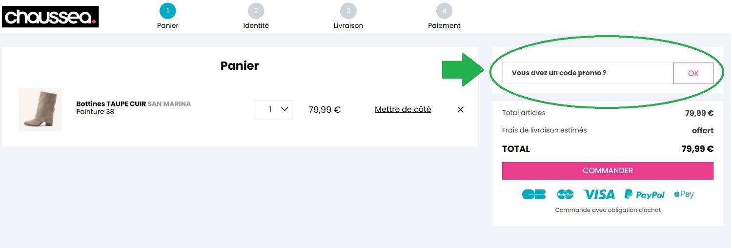 panier d&apos;achat avec emplacement pour code promo Chaussea