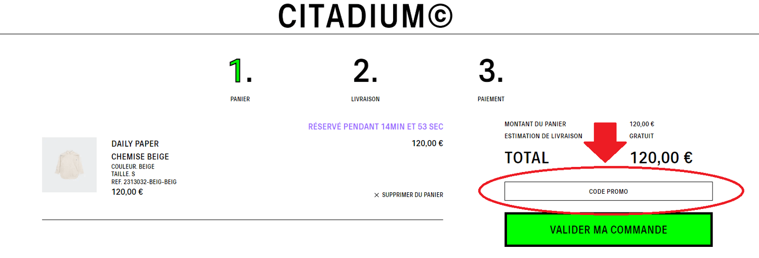 Panier d&apos;achat avec emplacement pour code promo Citadium