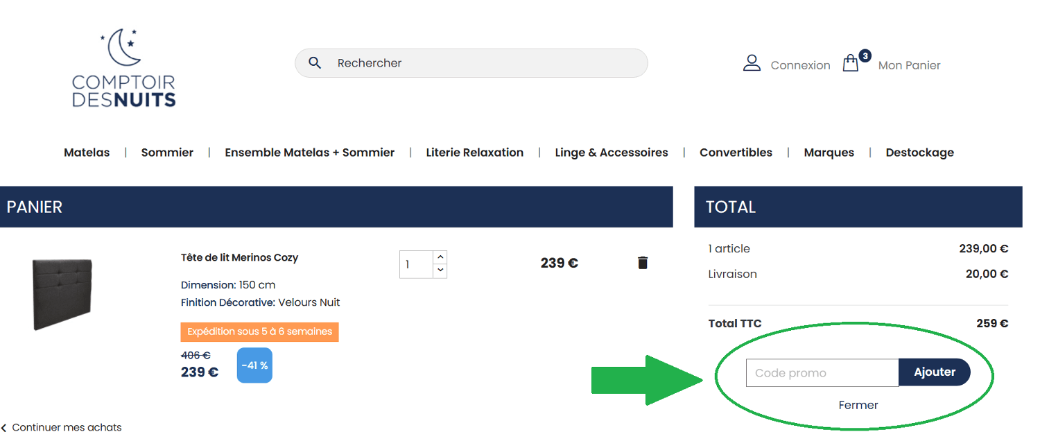 panier d&apos;achat avec emplacement pour code promo Comptoir des Nuits