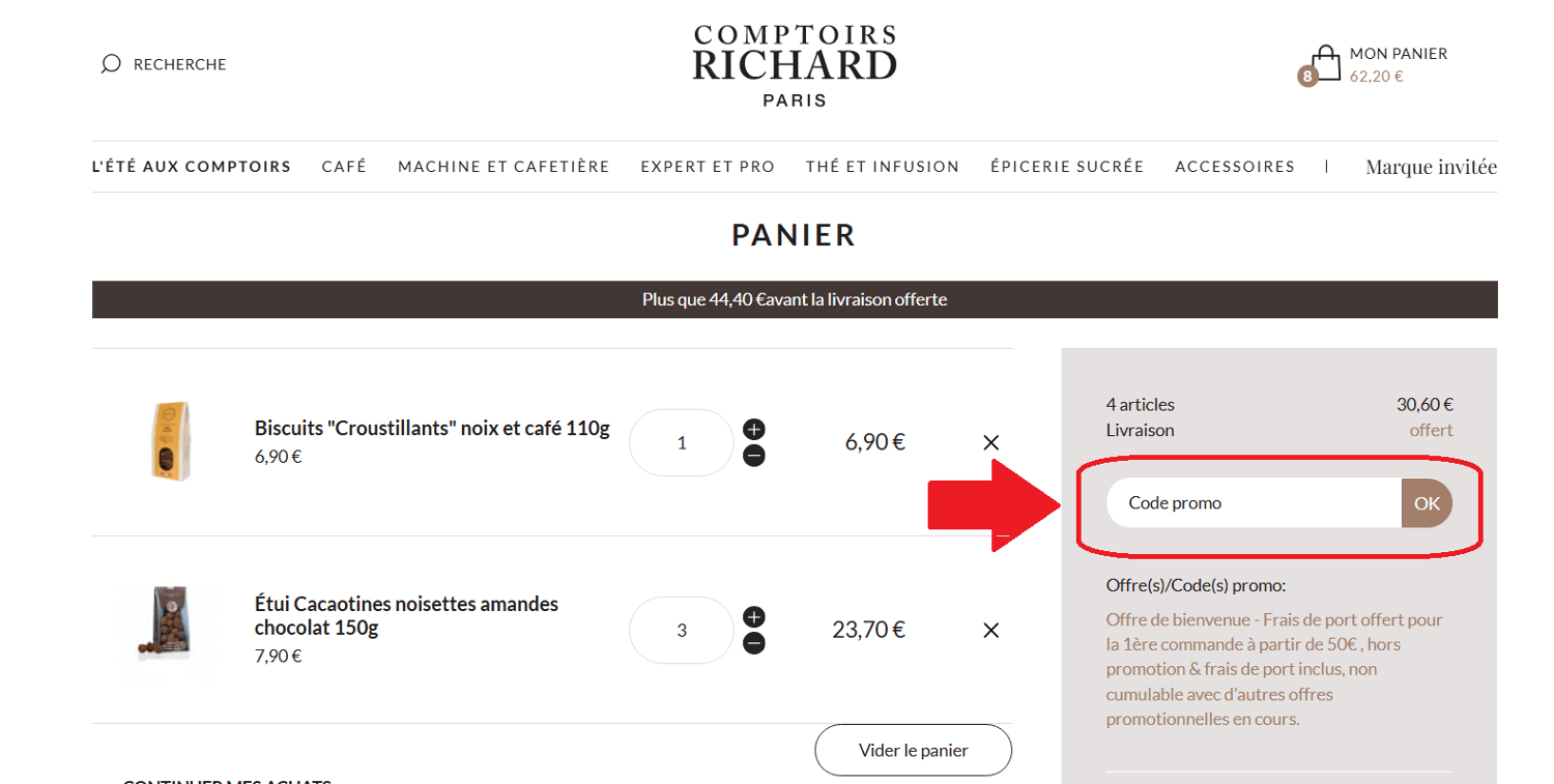 panier d&apos;achat avec emplacement pour code promo Comptoirs Richard
