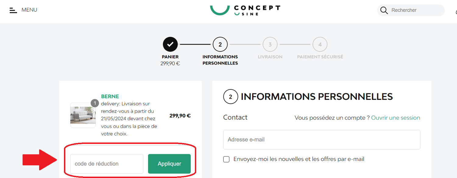 emplacement pour code promo Concept Usine