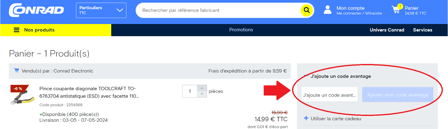 panier avec emplacement pour code promo Conrad