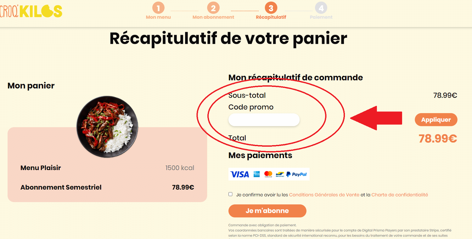 panier d&apos;achat avec emplacement pour code promo Croq