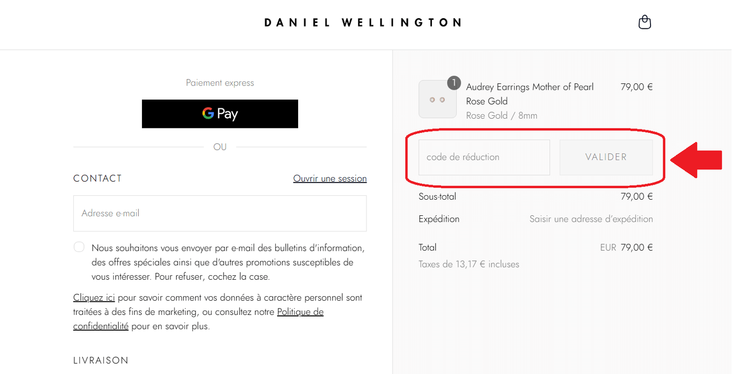 panier d&apos;achat avec emplacement pour code promo Daniel Wellington