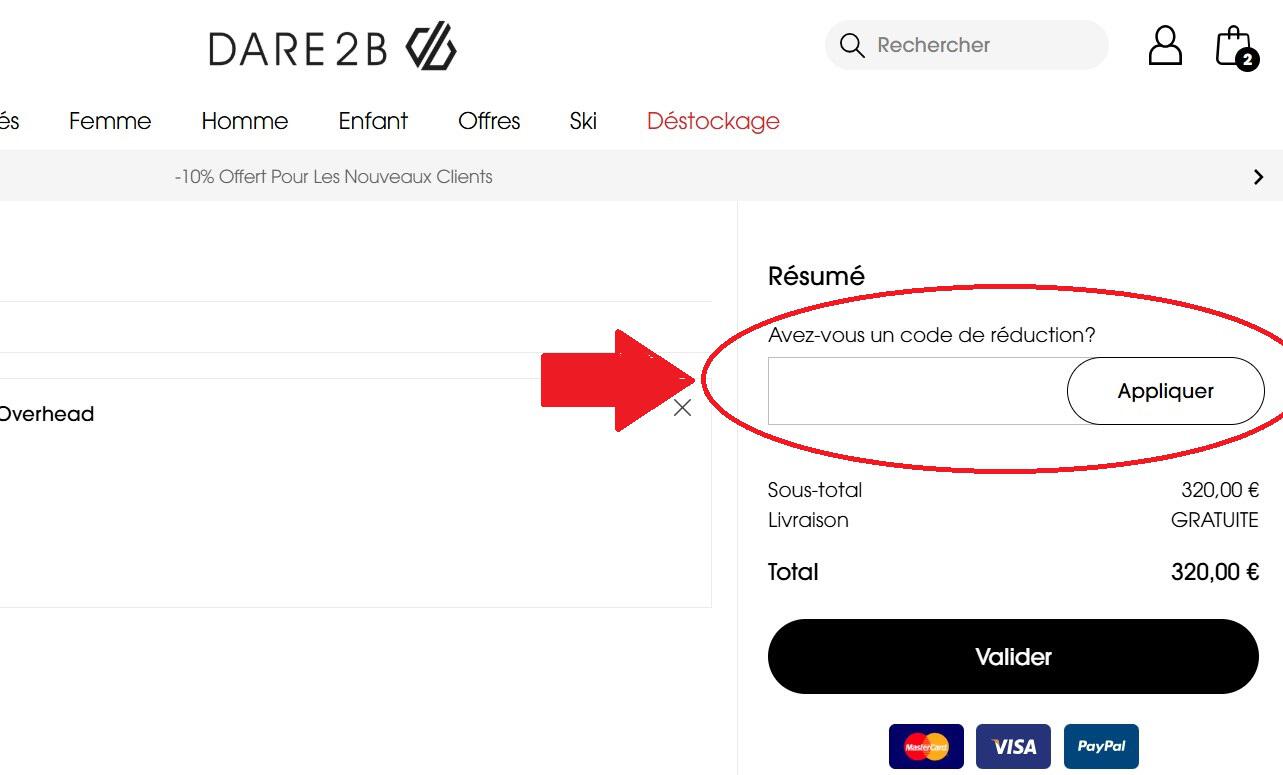 panier d&apos;achat avec emplacement pour code promo Dare 2B