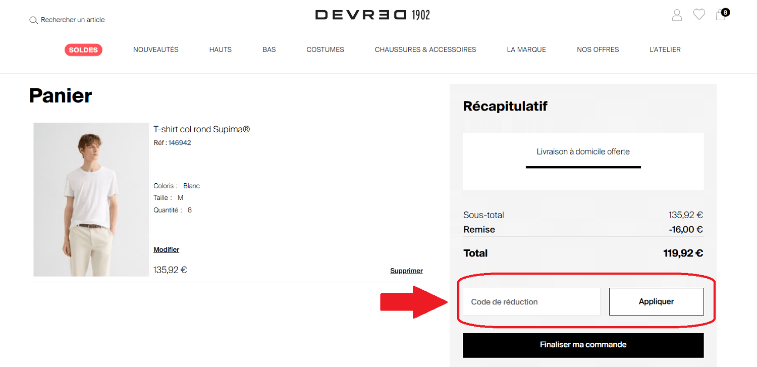 panier d&apos;achat avec emplacement pour code promo Devred