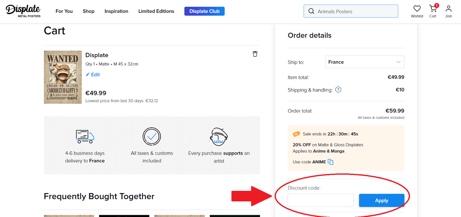 panier d&apos;achat avec emplacement pour code promo Displate
