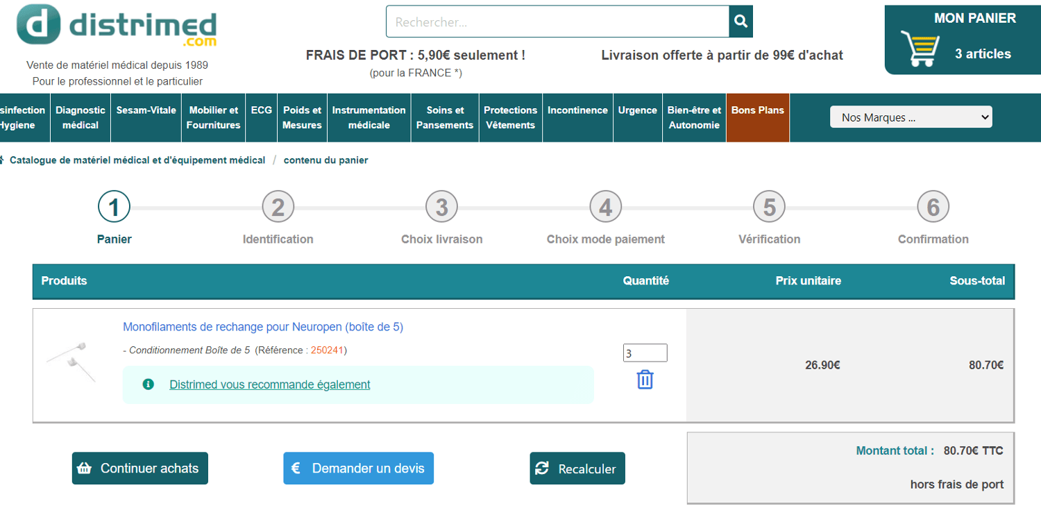 panier d&apos;achat avec emplacement pour code promo Distrimed