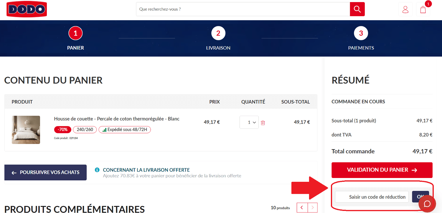 panier d&apos;achat avec emplacement pour code promo Dodo