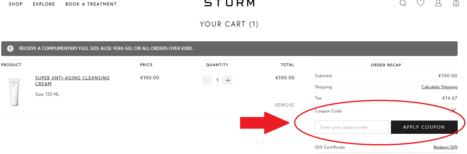 panier d&apos;achat avec emplacement pour code promo Dr Barbara Sturm