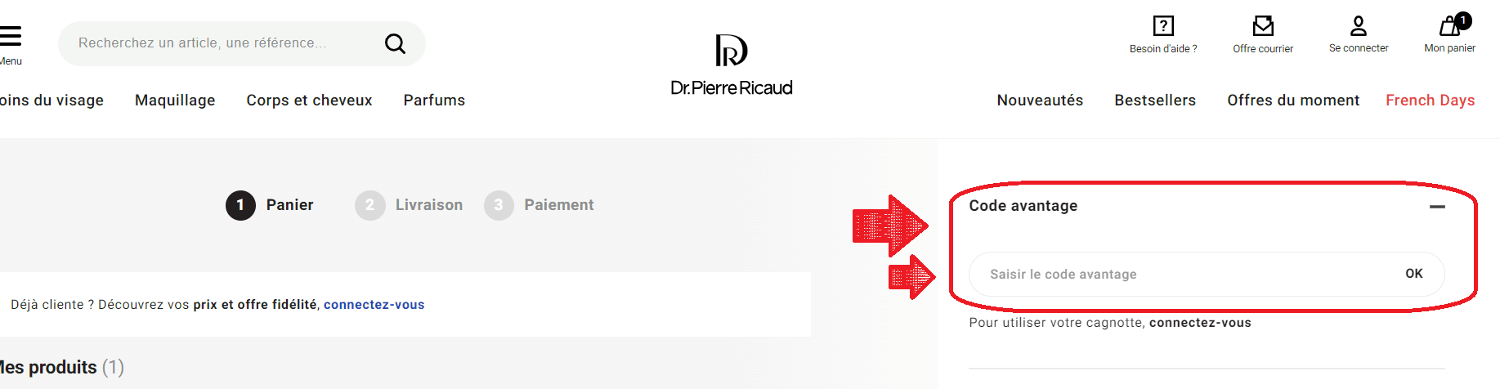 panier avec emplacement pour code promo Dr Pierre Ricaud
